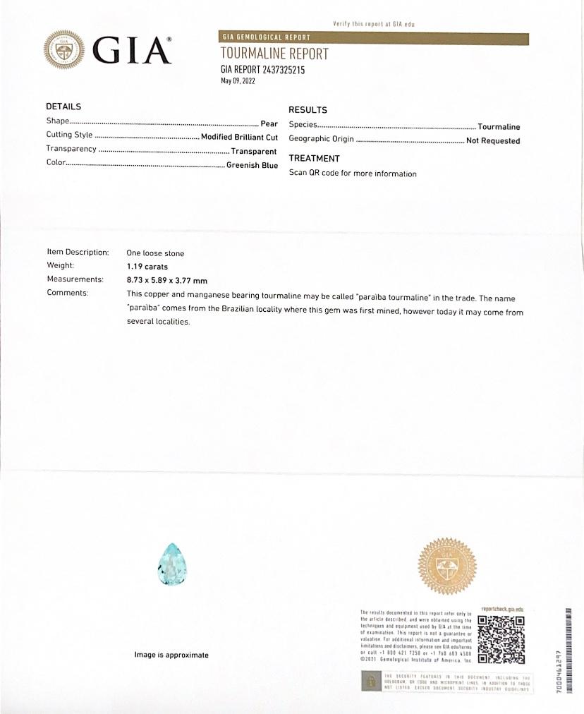 Taille brillant Tourmaline paraiba naturelle du Mozambique de 1.19 carat avec rapport GIA en vente