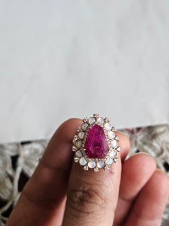 natural Mozambique Ruby, Mother of Pearl & Diamonds Engagement Ring in 18K Gold