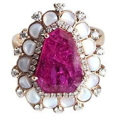 natural Mozambique Ruby, Mother of Pearl & Diamonds Engagement Ring in 18K Gold
