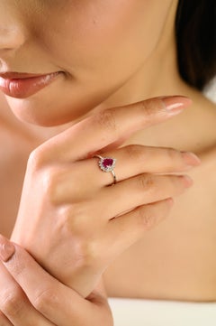 Natural Mozambique Ruby Pear Cut Diamond Halo Engagement Ring in 14K White Gold