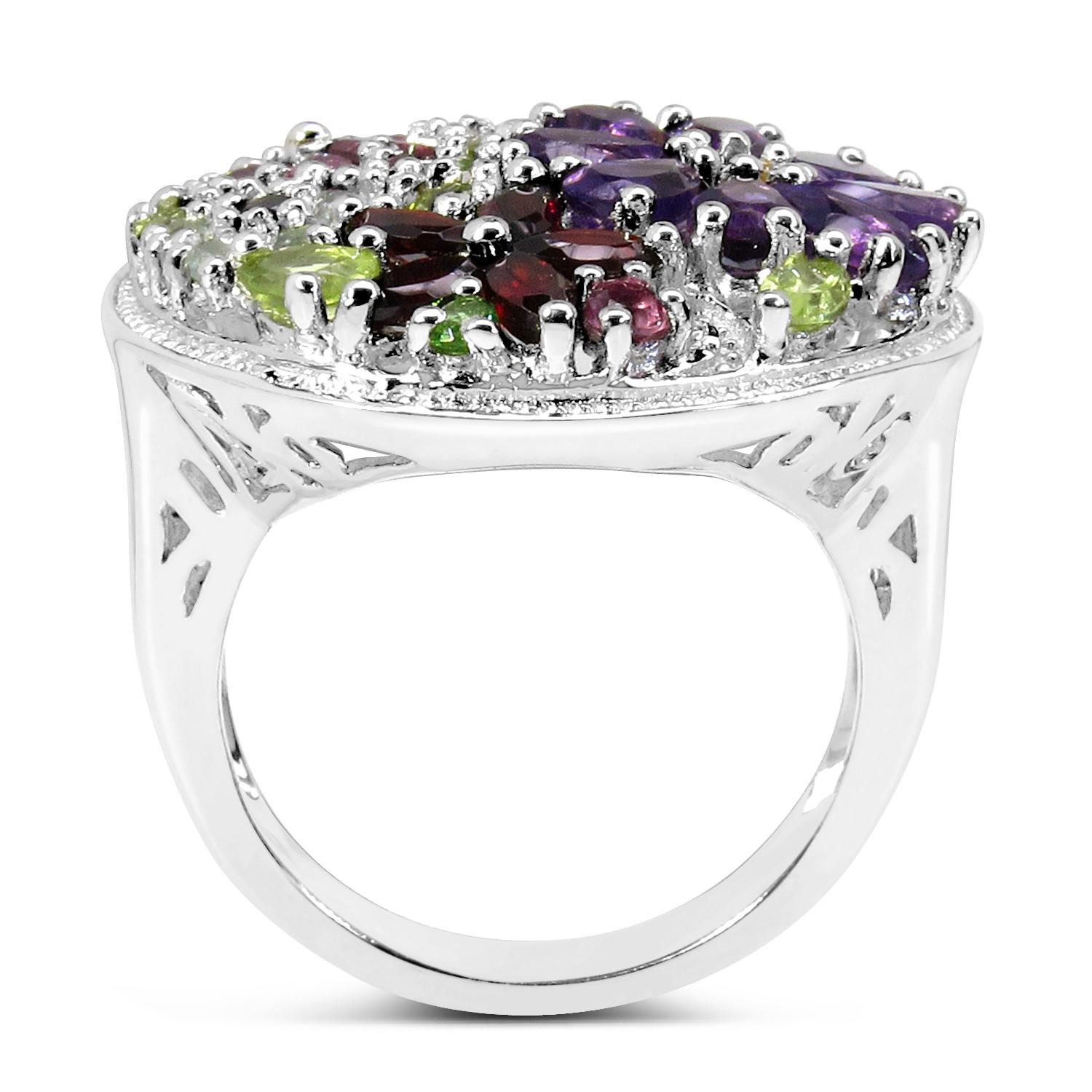 Women's or Men's Natural Multi Colored Gemstones Flower Ring 4 Carats Total