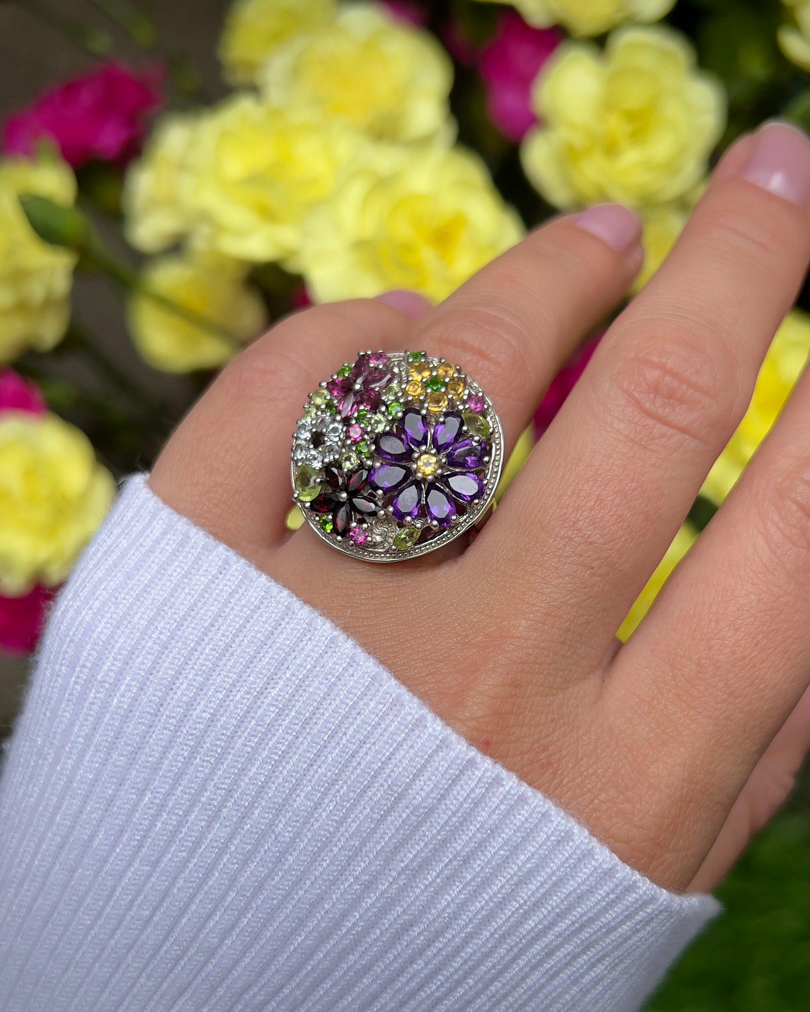 Contemporary Natural Multi Colored Gemstones Flower Ring 4 Carats Total