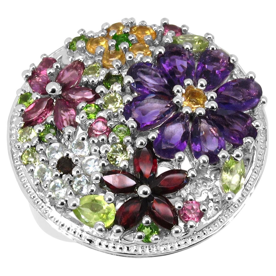Natural Multi Colored Gemstones Flower Ring 4 Carats Total