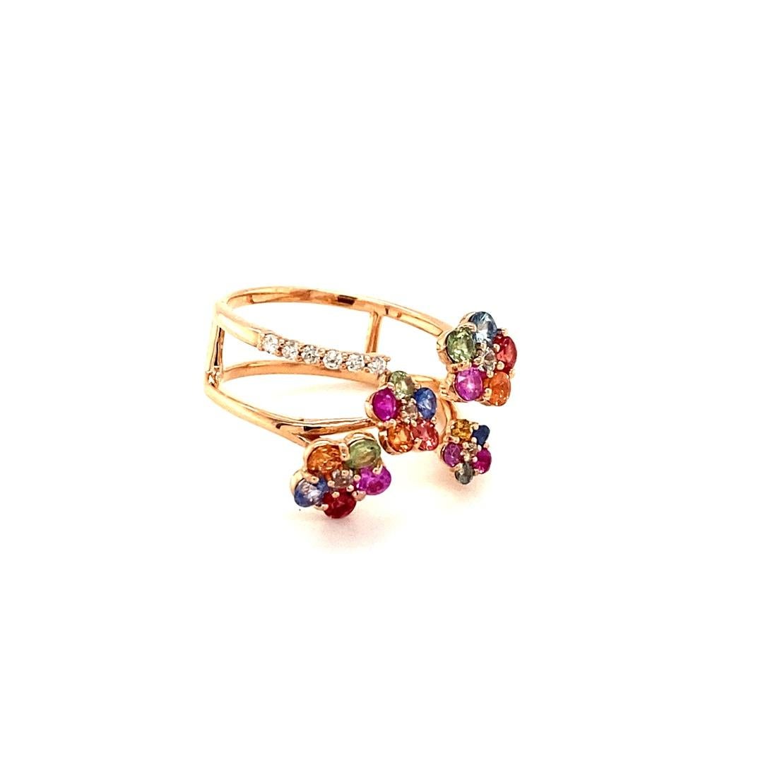 Contemporary 1.65 Carat Natural Multi Color Sapphire Diamond Rose Gold Cocktail Ring For Sale