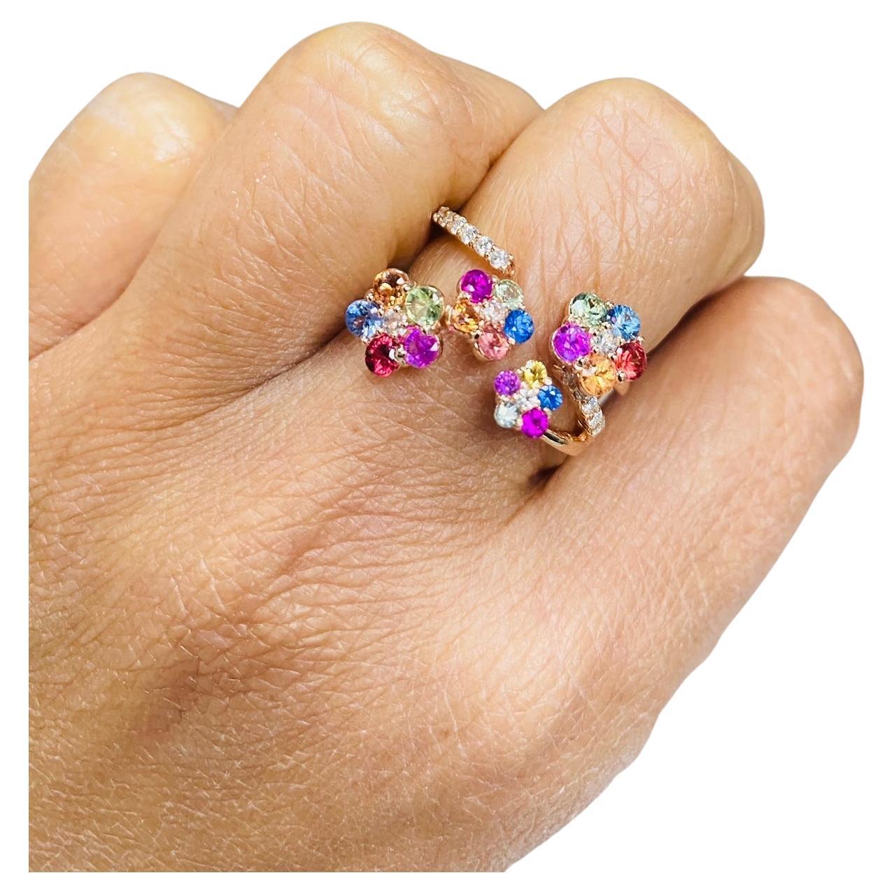 Women's 1.65 Carat Natural Multi Color Sapphire Diamond Rose Gold Cocktail Ring For Sale