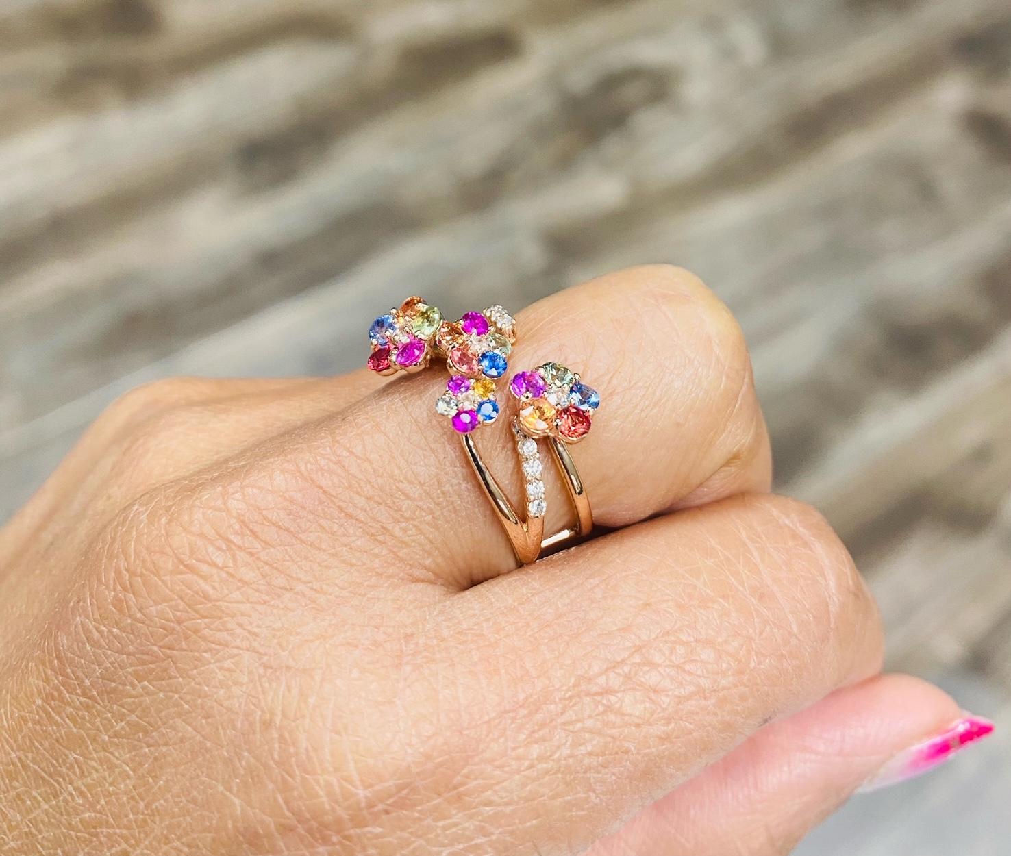 1.65 Carat Natural Multi Color Sapphire Diamond Rose Gold Cocktail Ring For Sale 2