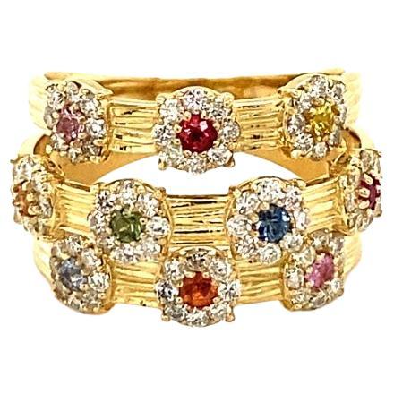 1.36 Carat Natural Multi Color Sapphire Diamond Yellow Gold Cocktail Ring For Sale