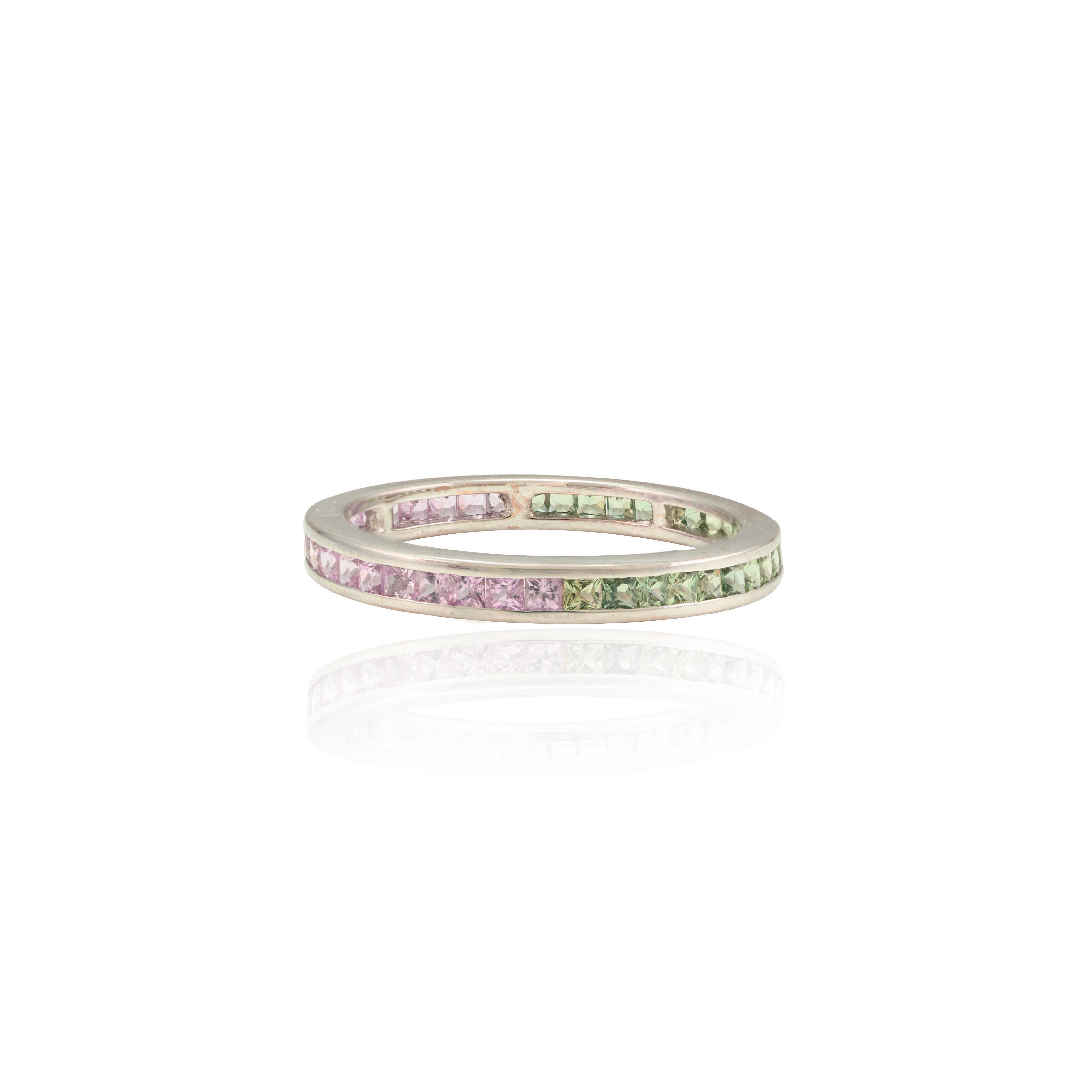 For Sale:  Natural Pink Sapphire and Green Sapphire Eternity Band Ring 18k Solid White Gold 2