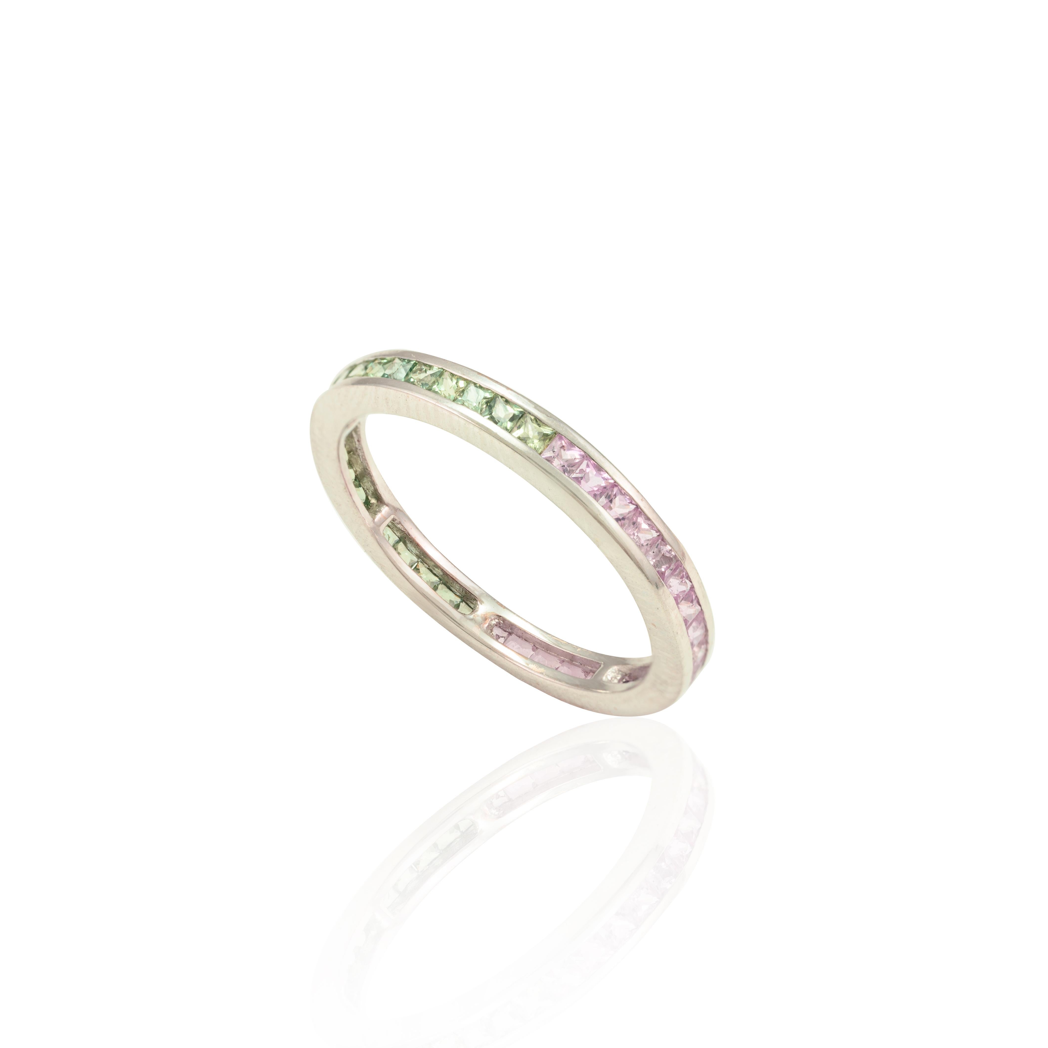 For Sale:  Natural Pink Sapphire and Green Sapphire Eternity Band Ring 18k Solid White Gold 4