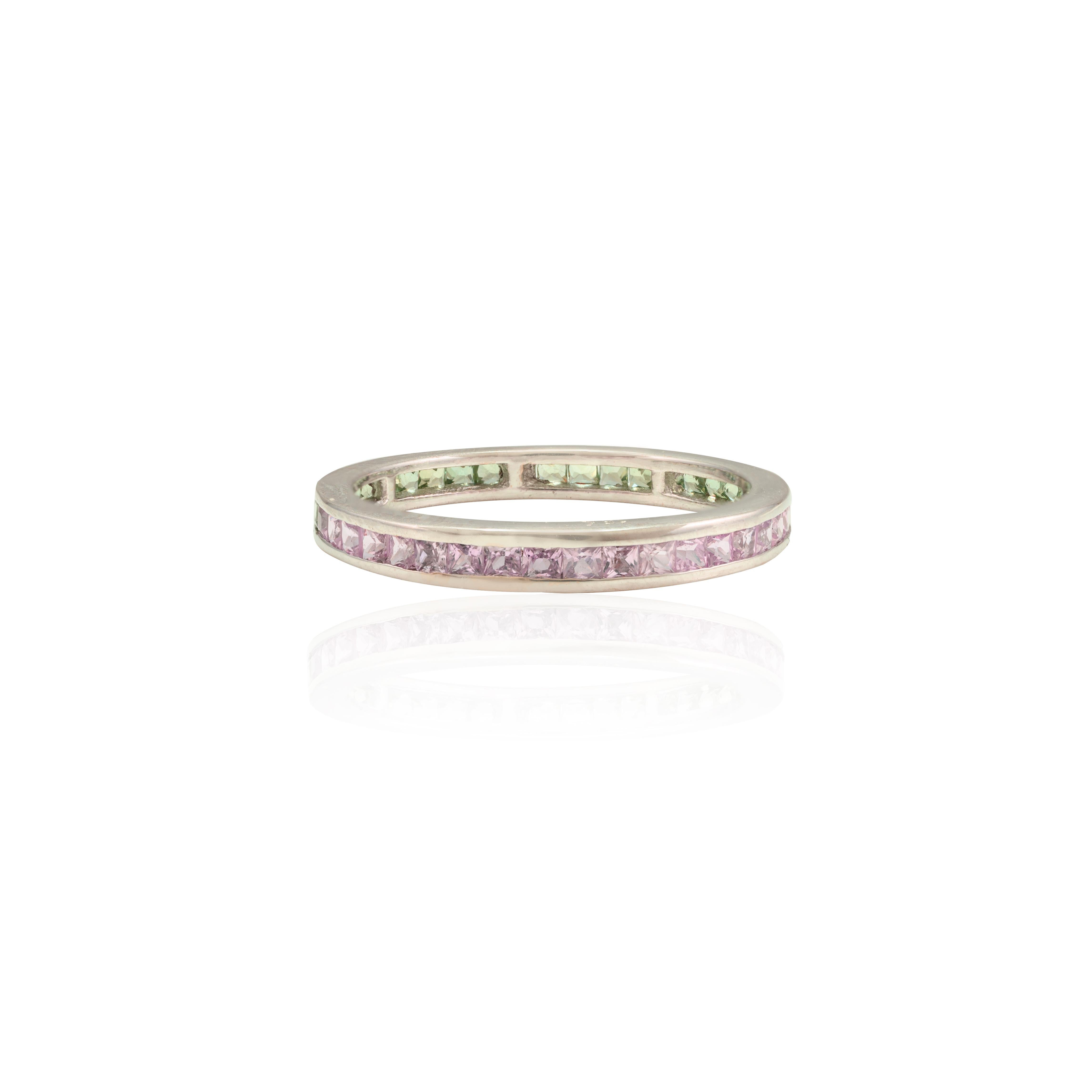 For Sale:  Natural Pink Sapphire and Green Sapphire Eternity Band Ring 18k Solid White Gold 6
