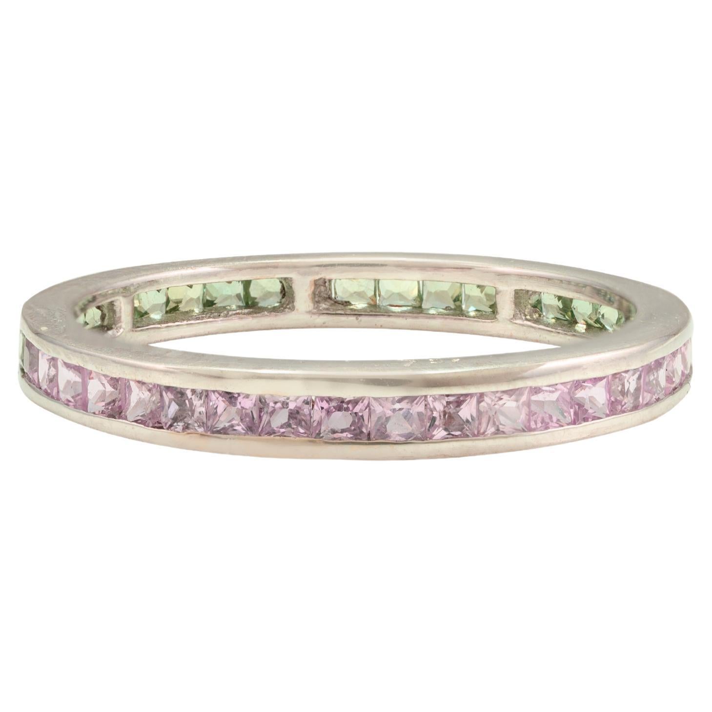For Sale:  Natural Pink Sapphire and Green Sapphire Eternity Band Ring 18k Solid White Gold