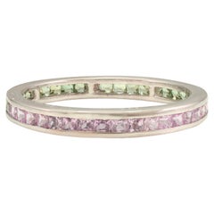 Natural Pink Sapphire and Green Sapphire Eternity Band Ring 18k Solid White Gold
