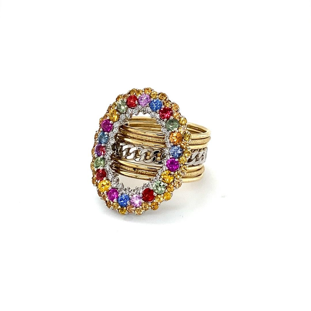 Contemporary Natural Multi Color Sapphires and Natural Diamond Yellow Gold Cocktail Ring For Sale