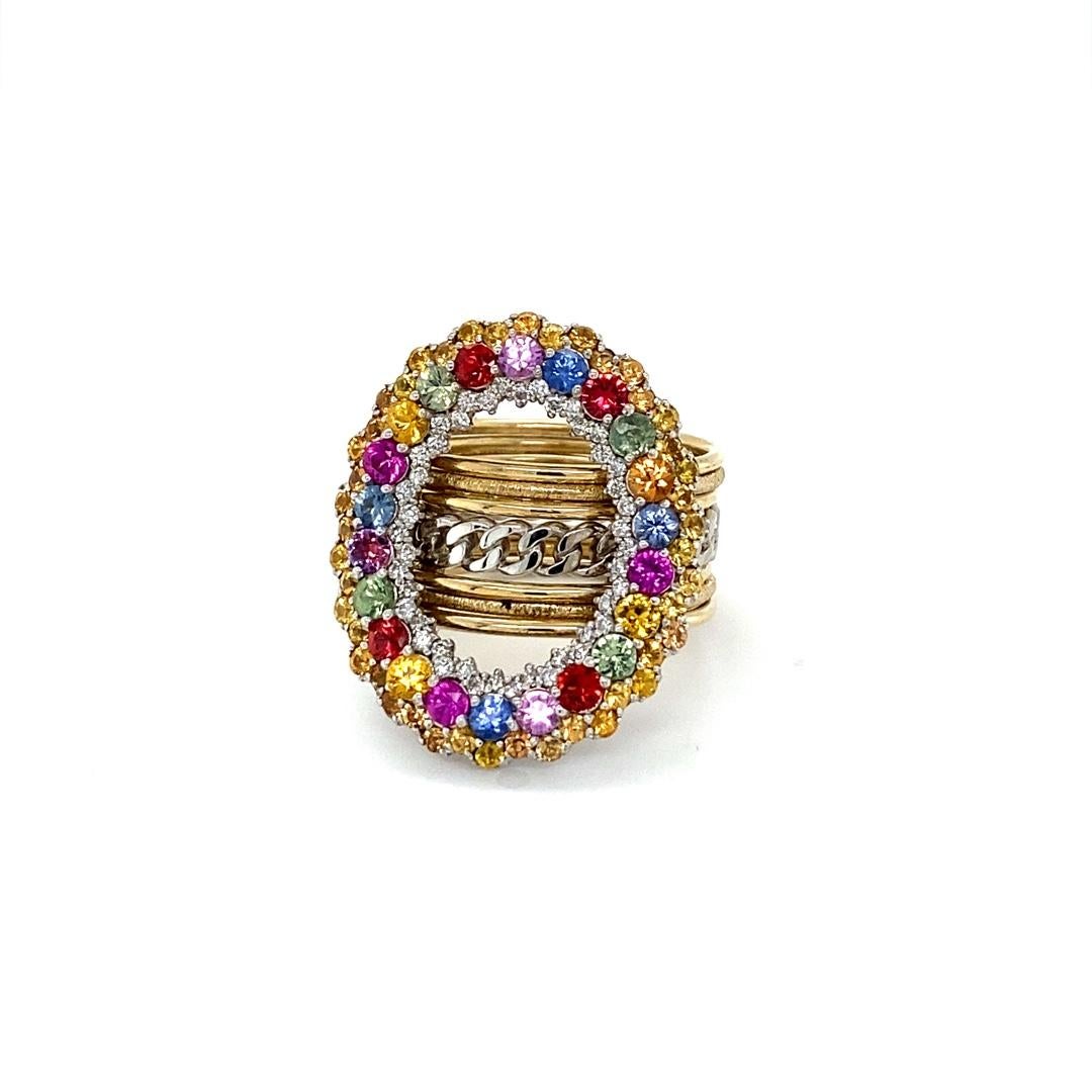 Round Cut Natural Multi Color Sapphires and Natural Diamond Yellow Gold Cocktail Ring For Sale