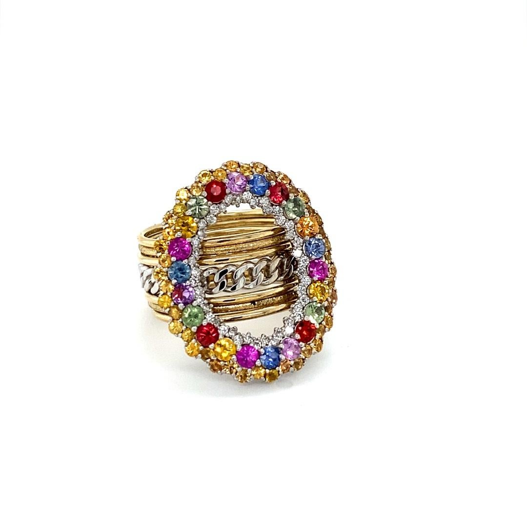 Natural Multi Color Sapphires and Natural Diamond Yellow Gold Cocktail Ring In New Condition For Sale In Los Angeles, CA