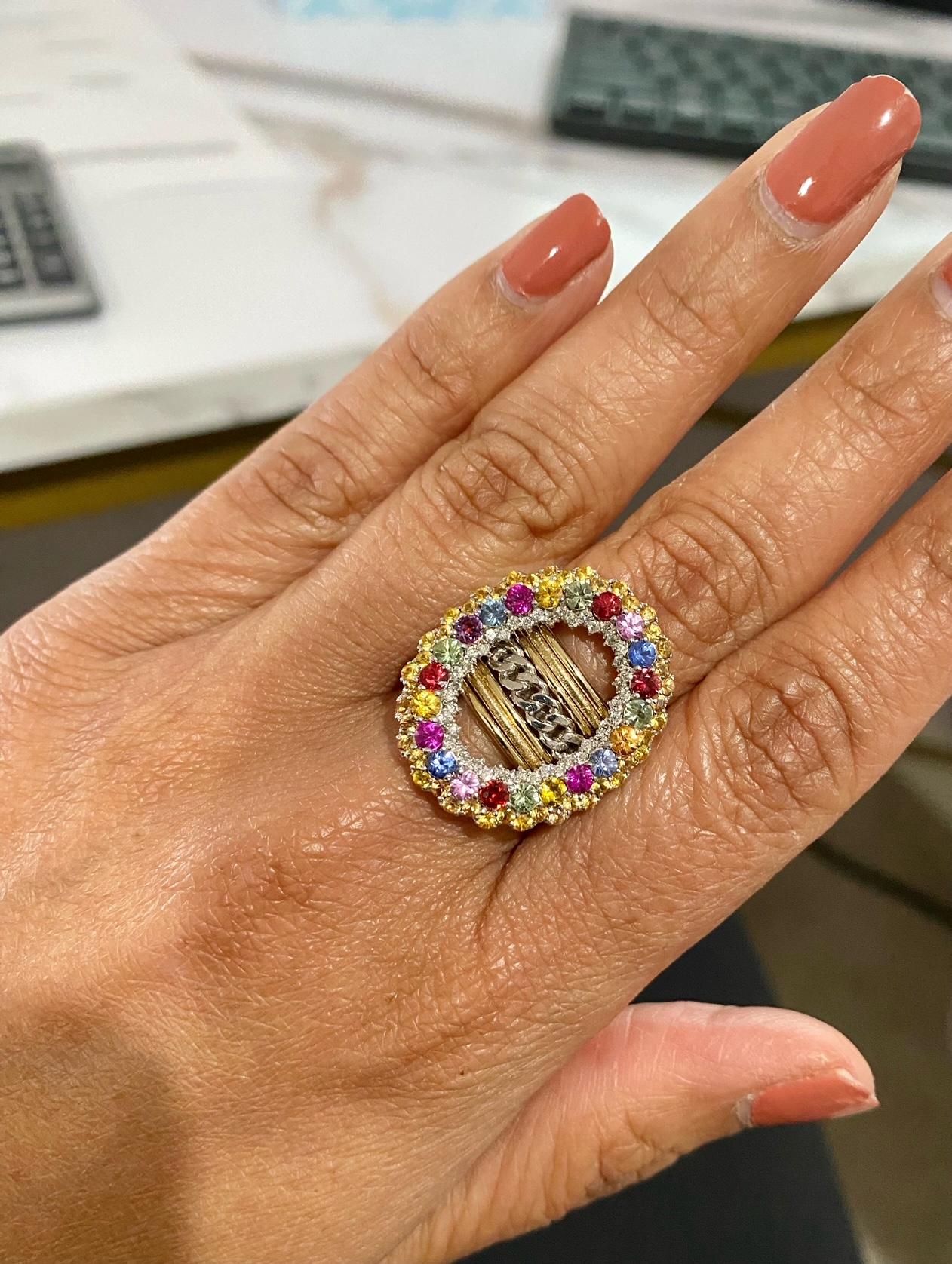 Women's Natural Multi Color Sapphires and Natural Diamond Yellow Gold Cocktail Ring For Sale