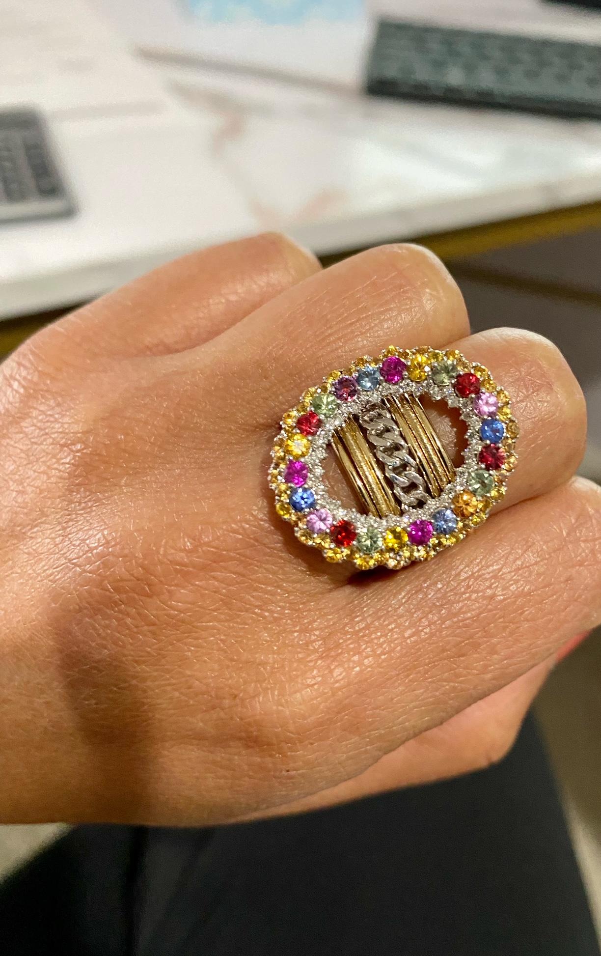 Natural Multi Color Sapphires and Natural Diamond Yellow Gold Cocktail Ring For Sale 1