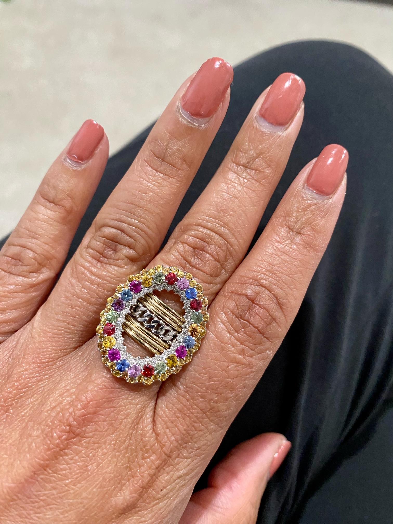 Natural Multi Color Sapphires and Natural Diamond Yellow Gold Cocktail Ring For Sale 2