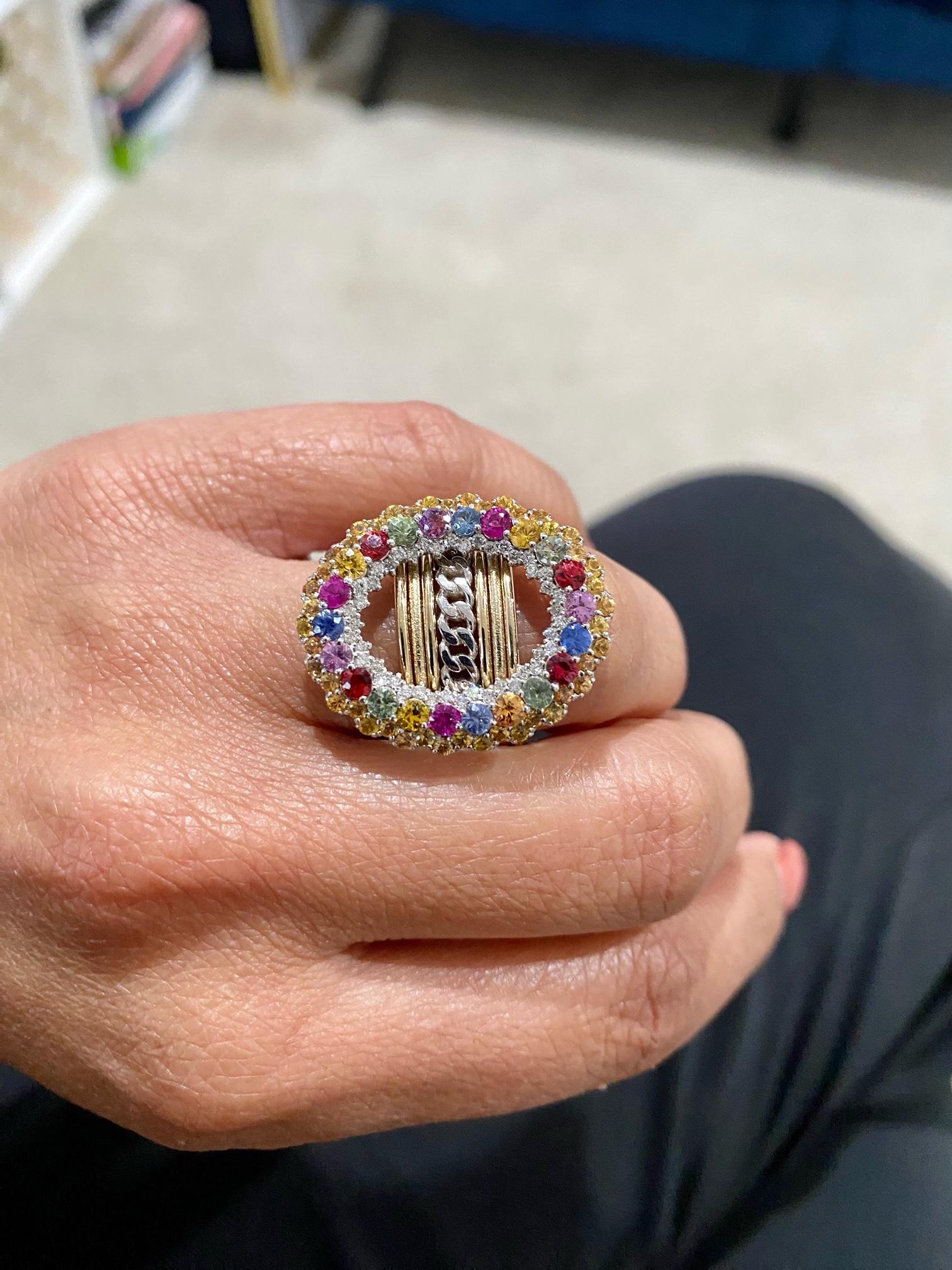 Natural Multi Color Sapphires and Natural Diamond Yellow Gold Cocktail Ring For Sale 3