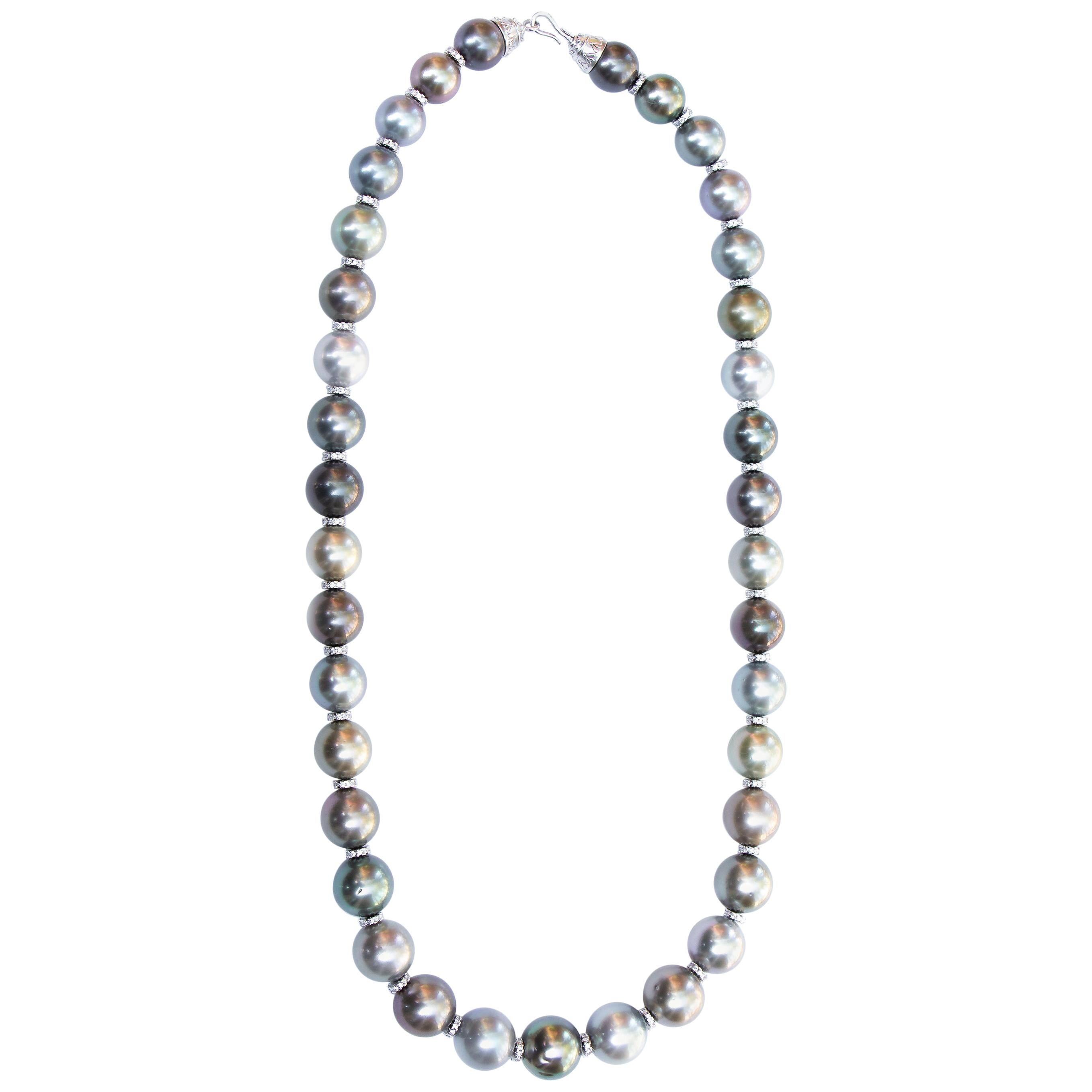 Natural Multi-Color Tahitian Pearls Necklace with Diamonds