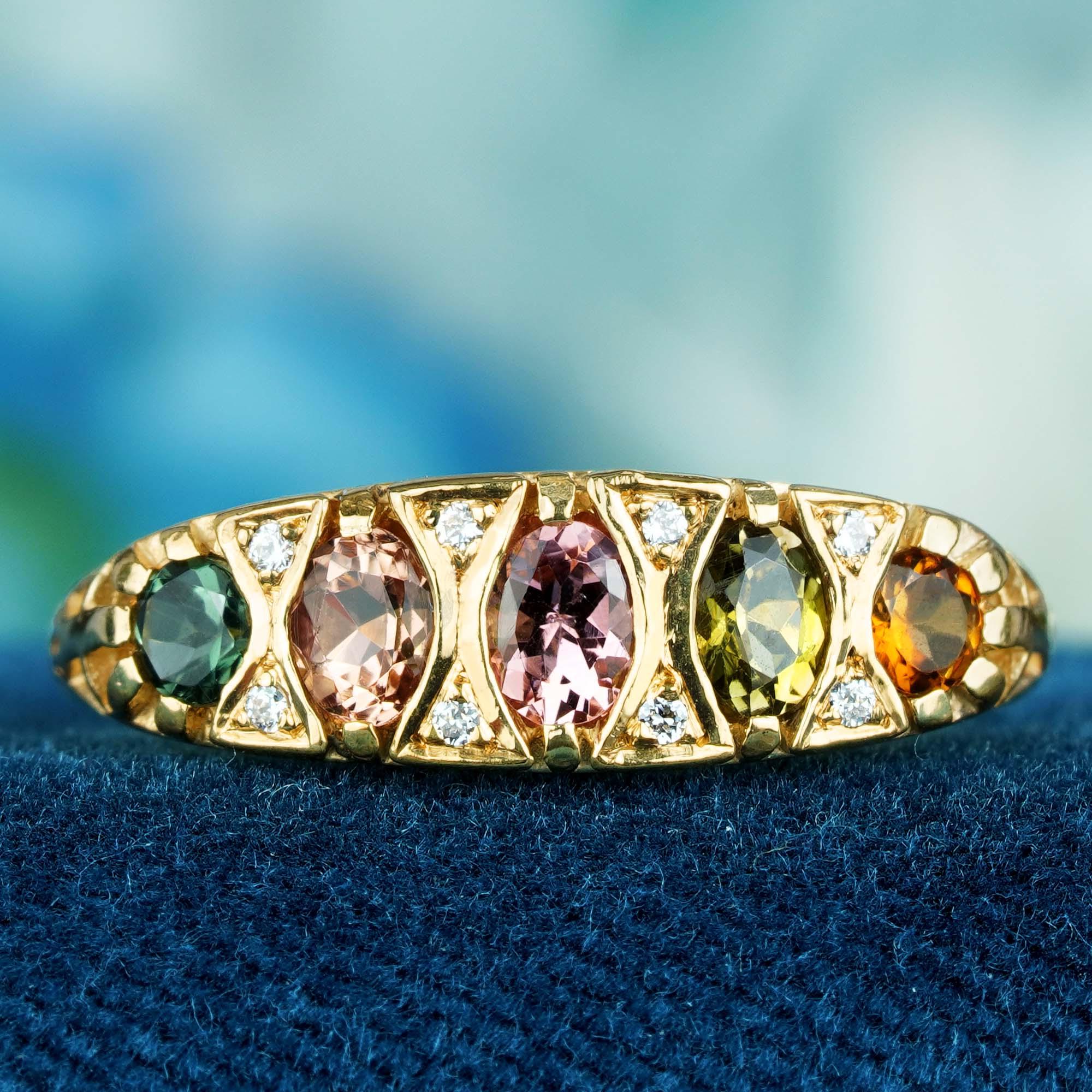 Im Angebot: Halb-Eternity-Ring aus massivem 9K Gelbgold mit natürlichem, mehrfarbigem Turmalin () 2
