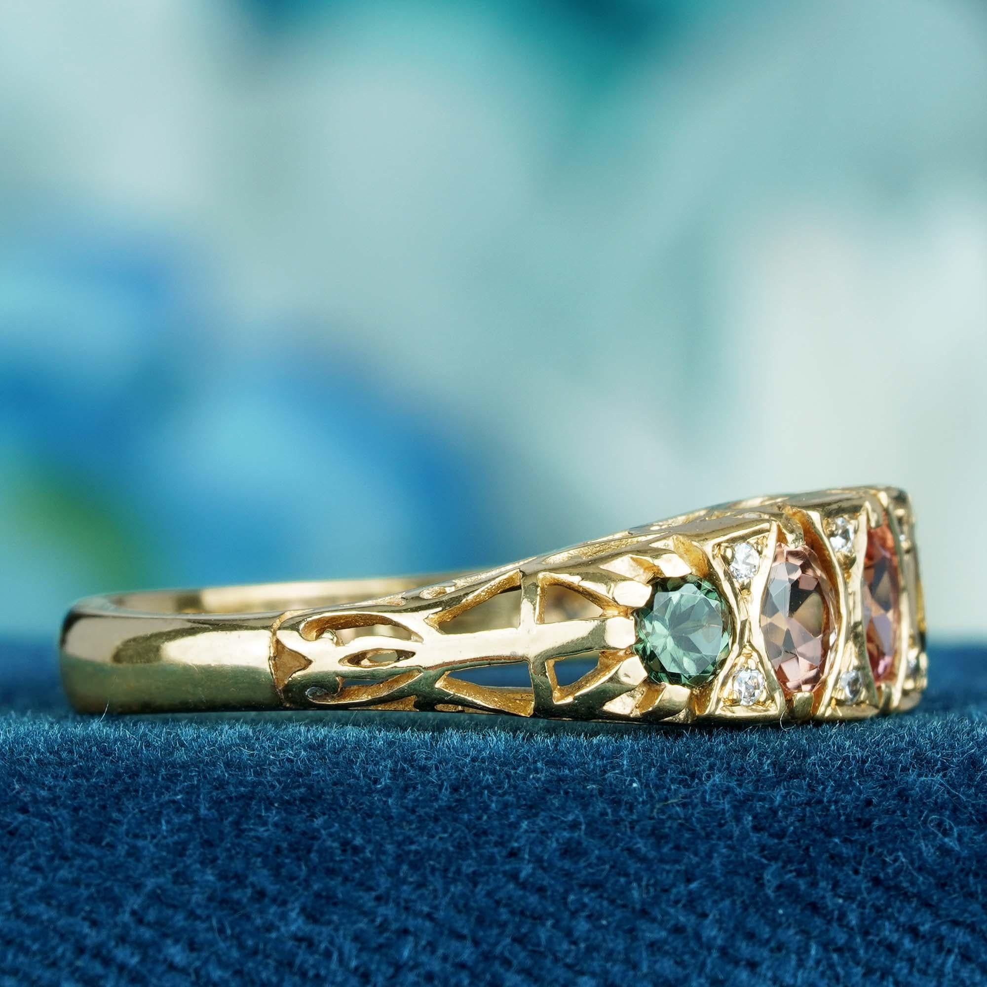 Halb-Eternity-Ring aus massivem 9K Gelbgold mit natürlichem, mehrfarbigem Turmalin () 4