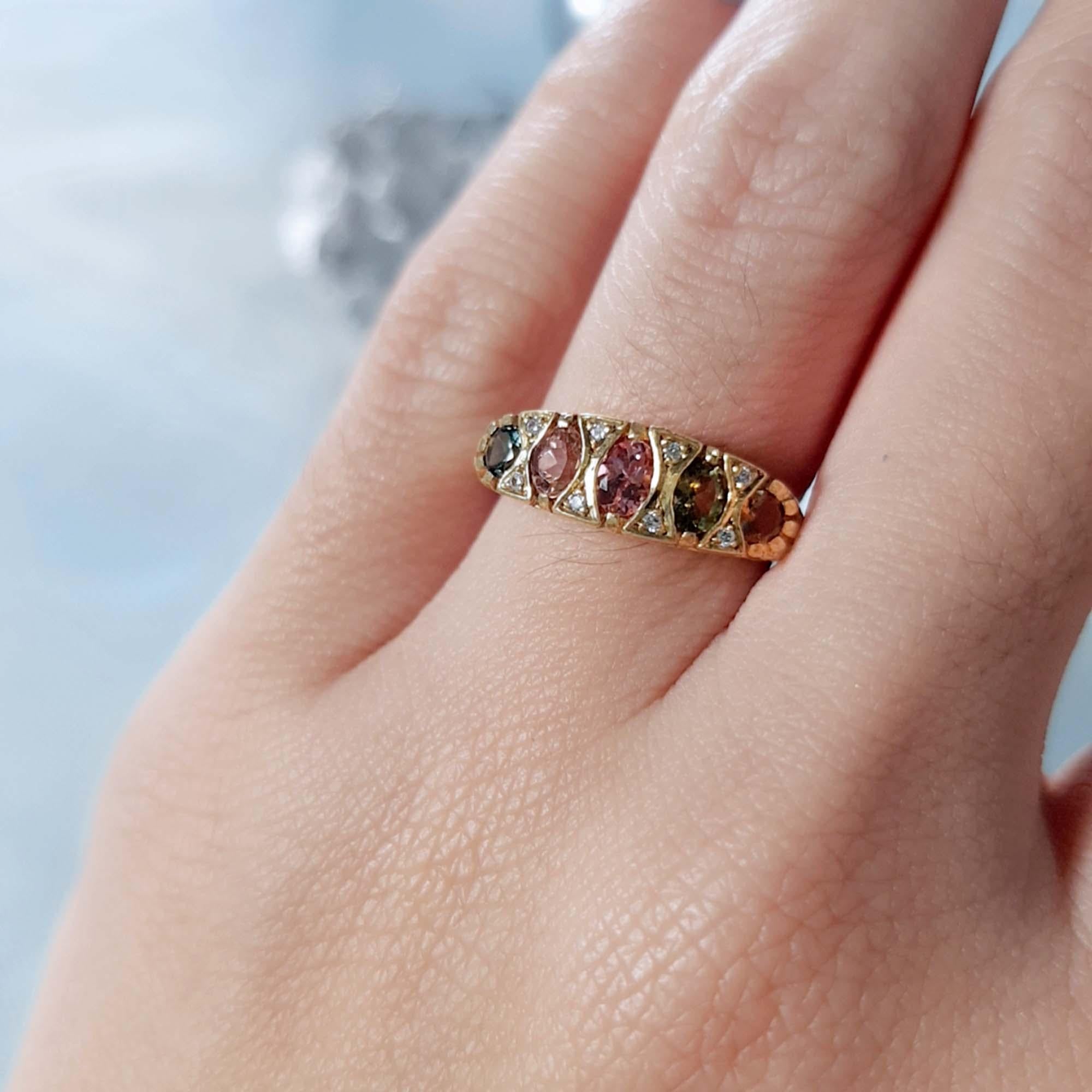 For Sale:  Natural Multi Color Tourmaline Half Eternity Ring in Solid 9K Yellow Gold 8