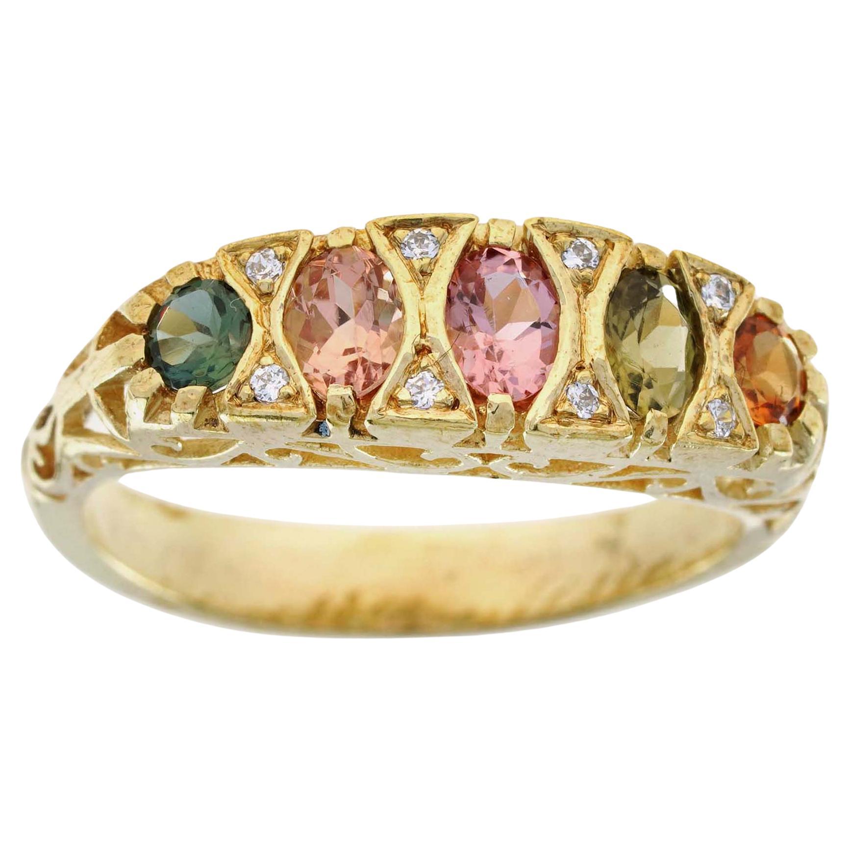 For Sale:  Natural Multi Color Tourmaline Half Eternity Ring in Solid 9K Yellow Gold