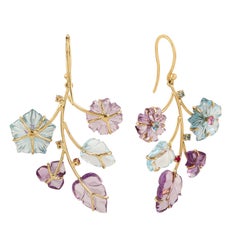 Natural Multi Colored Carved Gemstone Flower Earrings 35 Carats 18K Yellow Gold