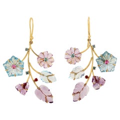 Natural Multi Colored Carved Gemstone Flower Earrings 35 Carats 18K Yellow Gold