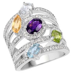 Natural Multi Colored Gem Cocktail Ring 3.70 Carats Silver