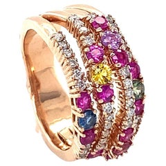Natural Multi-Colored Sapphire Diamond Rose Gold Cocktail Ring