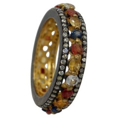 Natural multi-colored sapphire sterling silver wedding eternity band ring