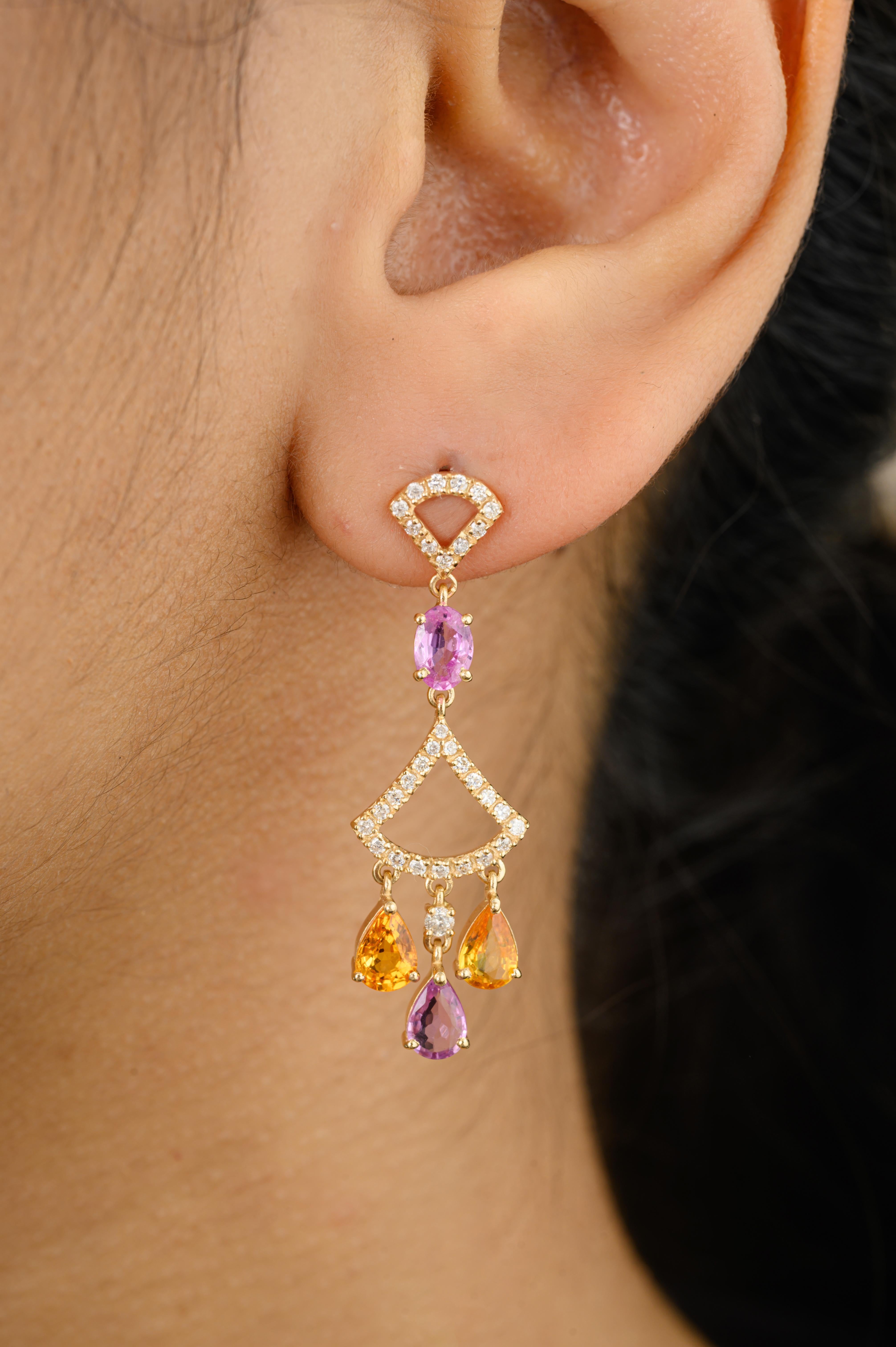 Zafiros naturales multicolores Pendientes de compromiso en forma de araña Oro amarillo 18k Corte mixto en venta