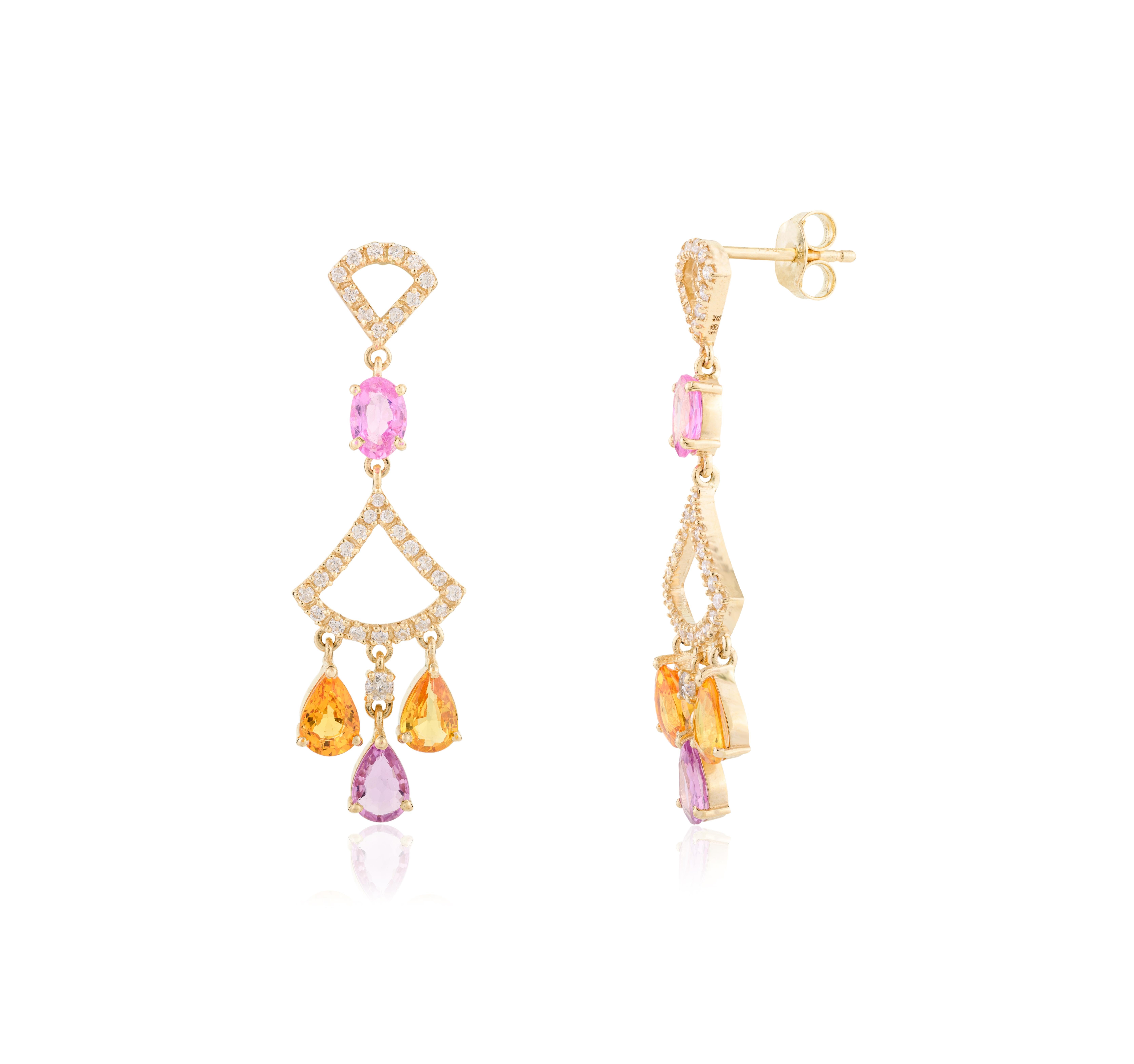 Zafiros naturales multicolores Pendientes de compromiso en forma de araña Oro amarillo 18k en Nuevo estado para la venta en New York, NY