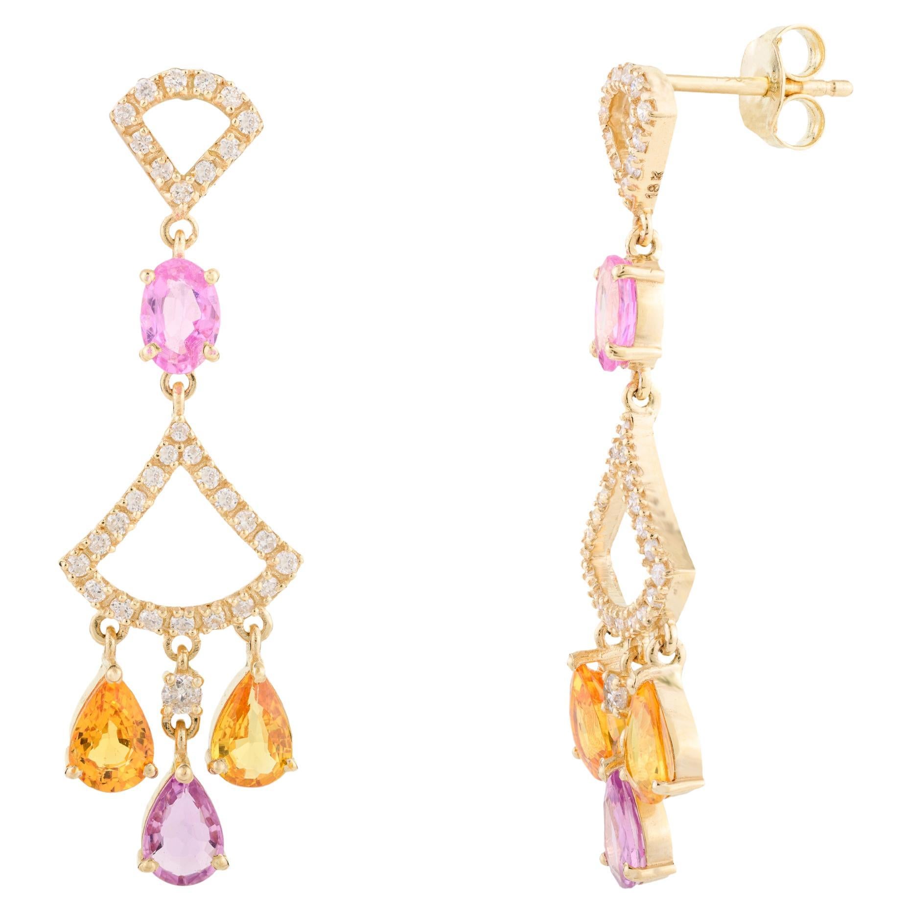 Natural Multi Colored Sapphires Chandelier Engagement Earrings 18k Yellow Gold