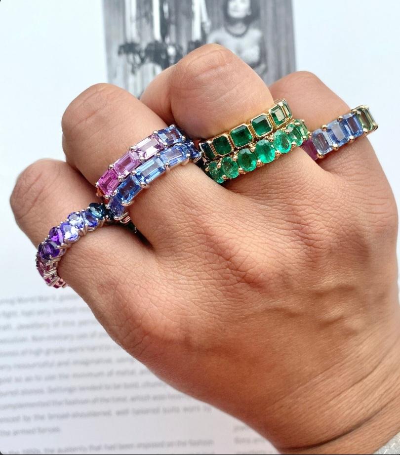 Natürlicher mehrfarbiger Saphir  Ring mit Smaragdschliff aus 14k Gold (Asscher-Schliff) im Angebot