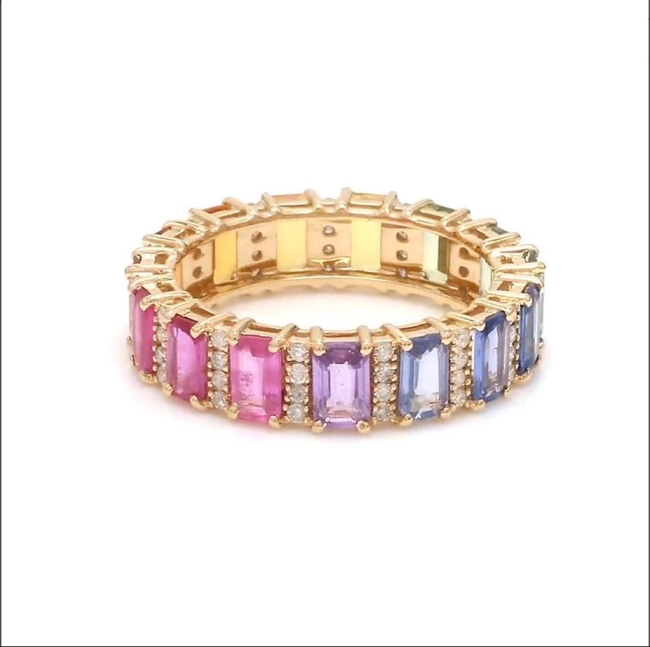 Taille Asscher Bague saphir naturel multicolore en or 14 carats en vente