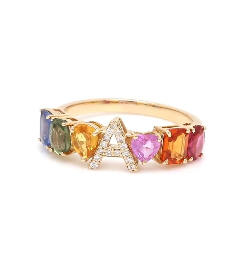 Anello con zaffiro naturale multicolore in oro 14k in vendita 1
