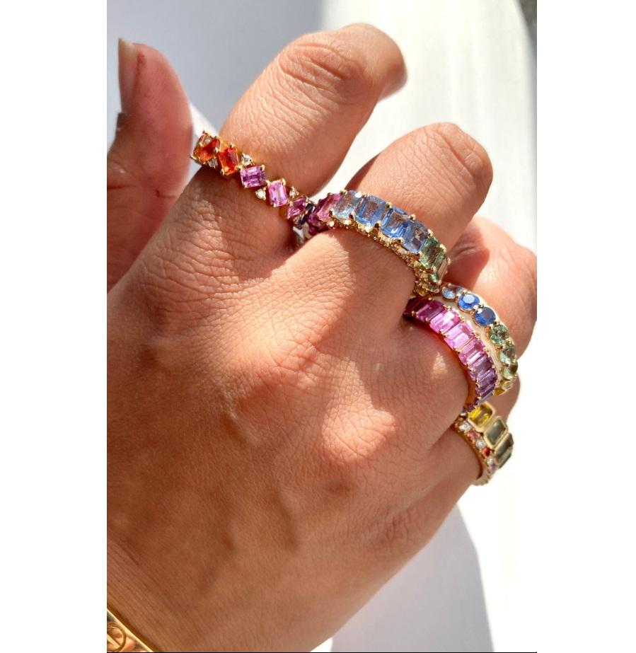Taille Asscher Bague saphir naturel multicolore en or 18 carats en vente