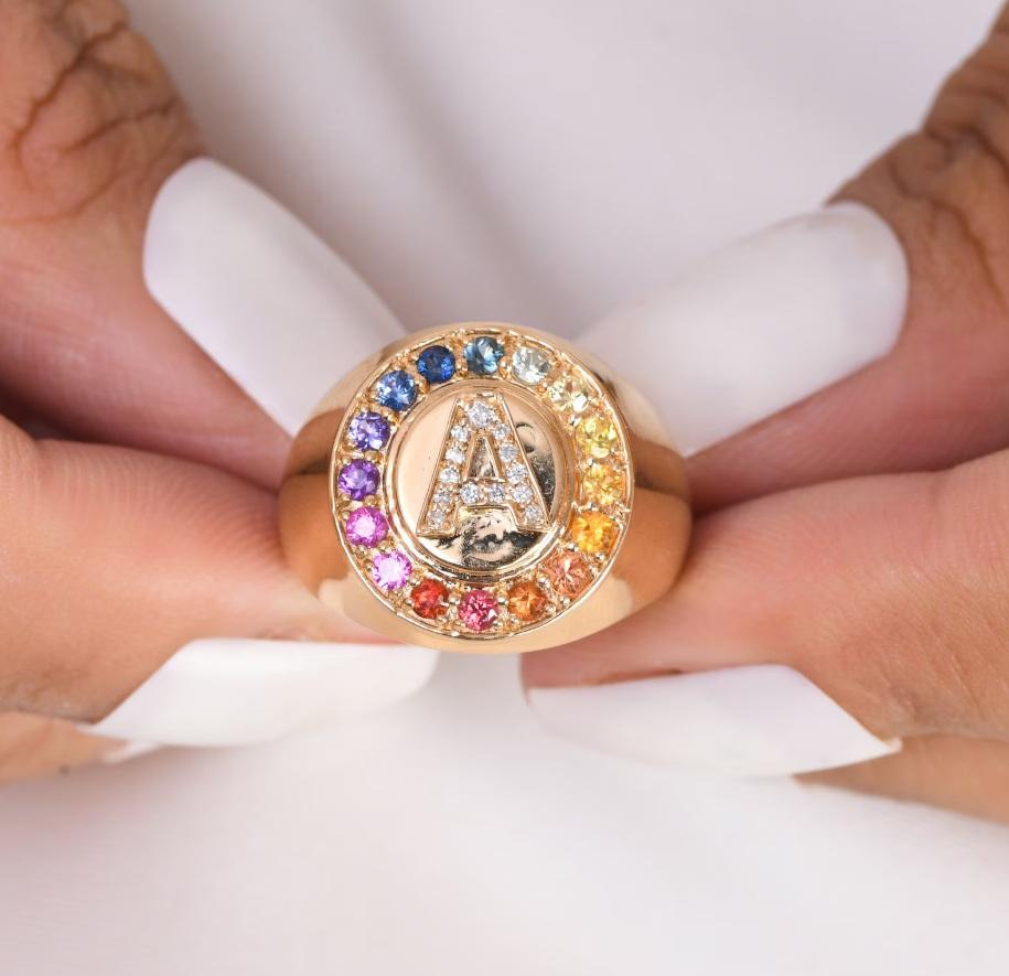 Taglio Asscher Natural multi colour sapphire ring in 18k gold in vendita