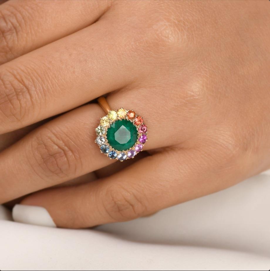 Natürlicher Smaragd  Mehrfarbiger Saphirring aus 18k Gold im Angebot 2