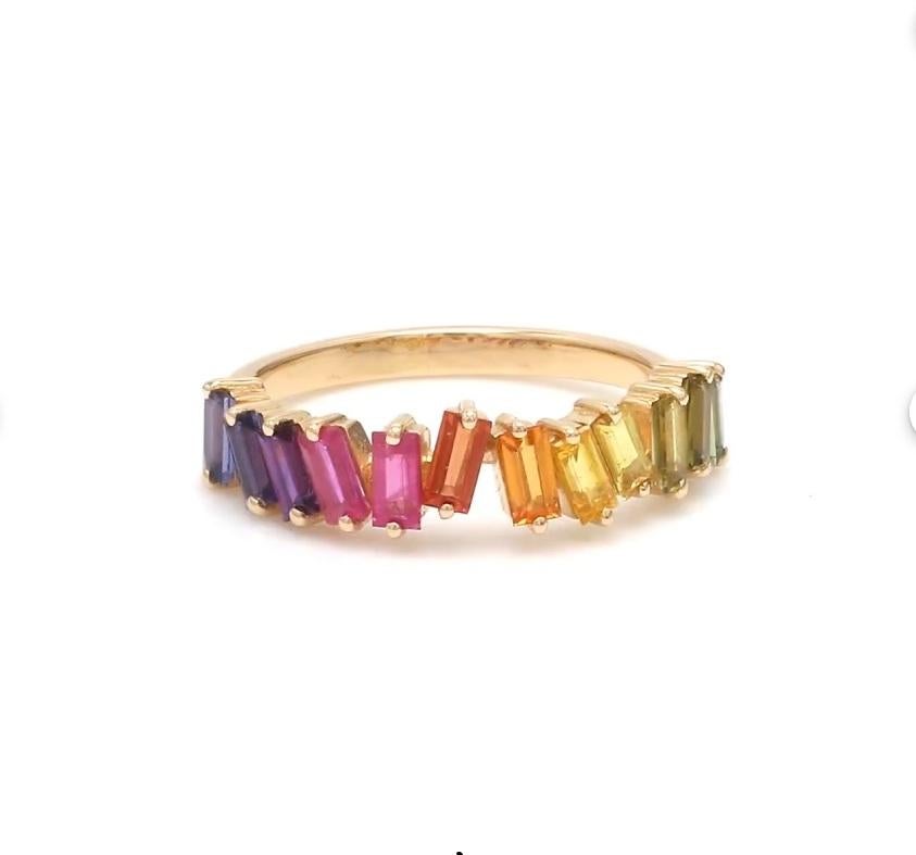 Taille Asscher Bague zig Zag en or 14k avec saphir naturel multicolore en vente