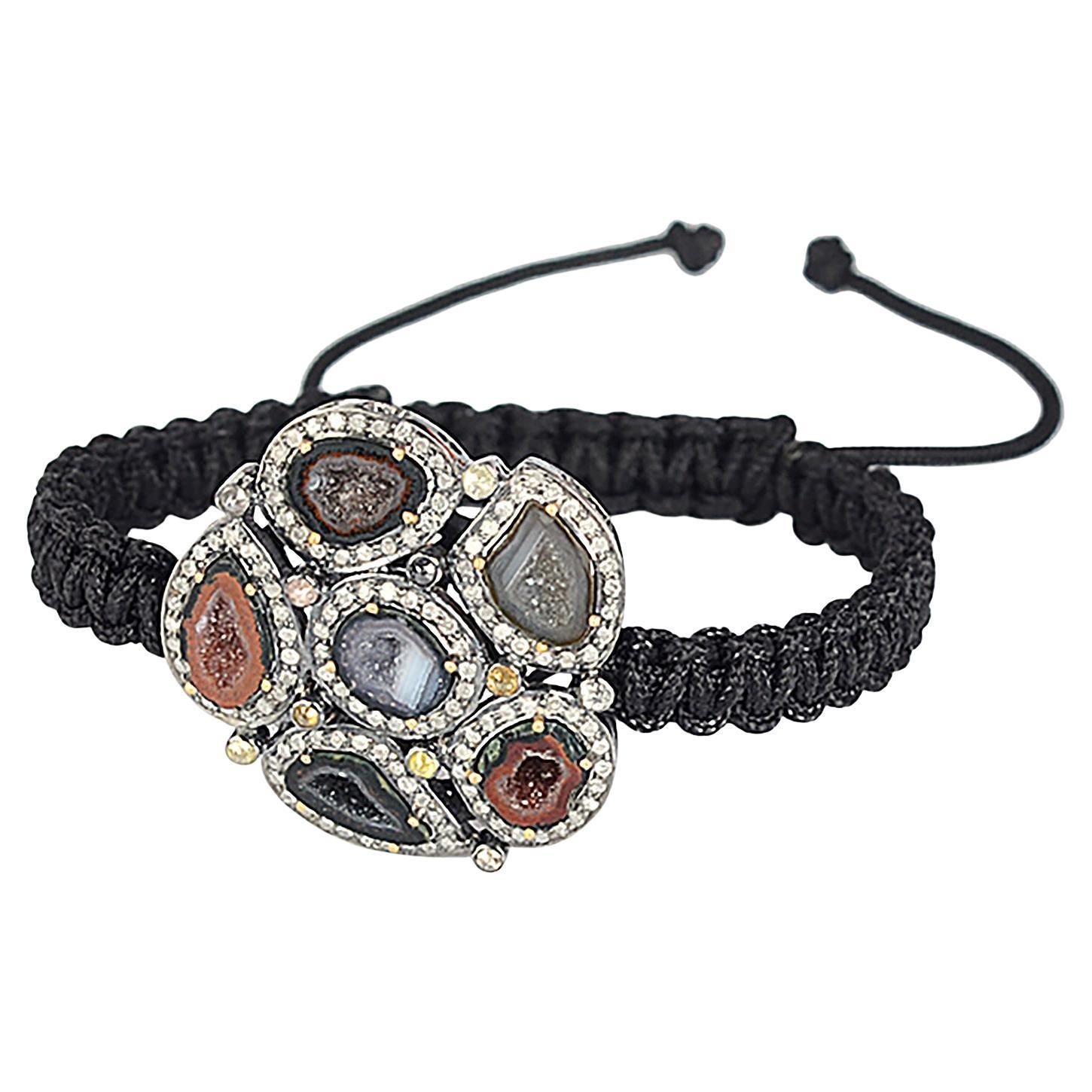 Natural Multi-Druzy Geode 
Pavé Diamond Oxidized Silver Black Macrame Bracelet For Sale