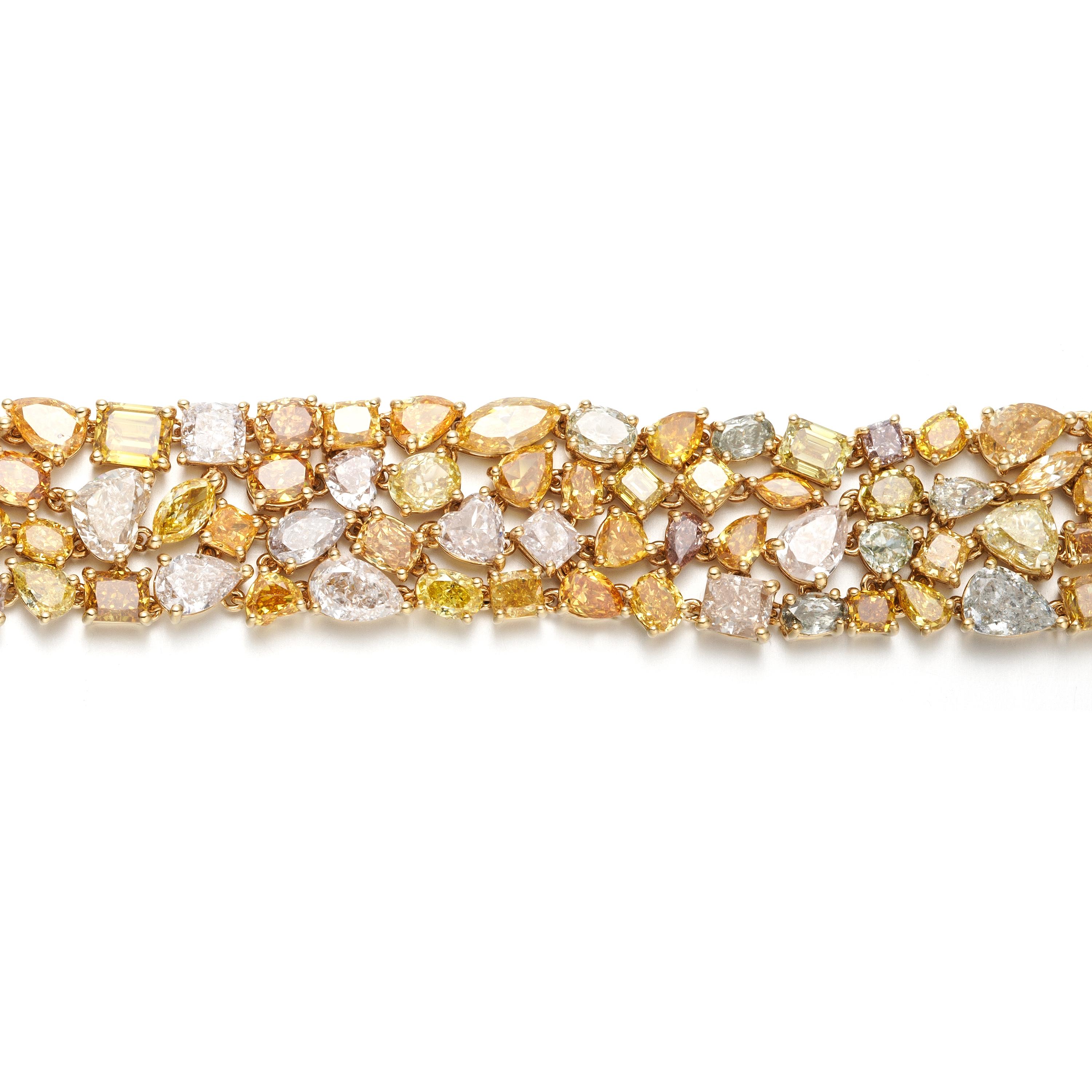 Rose Cut Natural Multi Fancy colour and Multi shaped diamond link bracelet in 18KT Gold For Sale