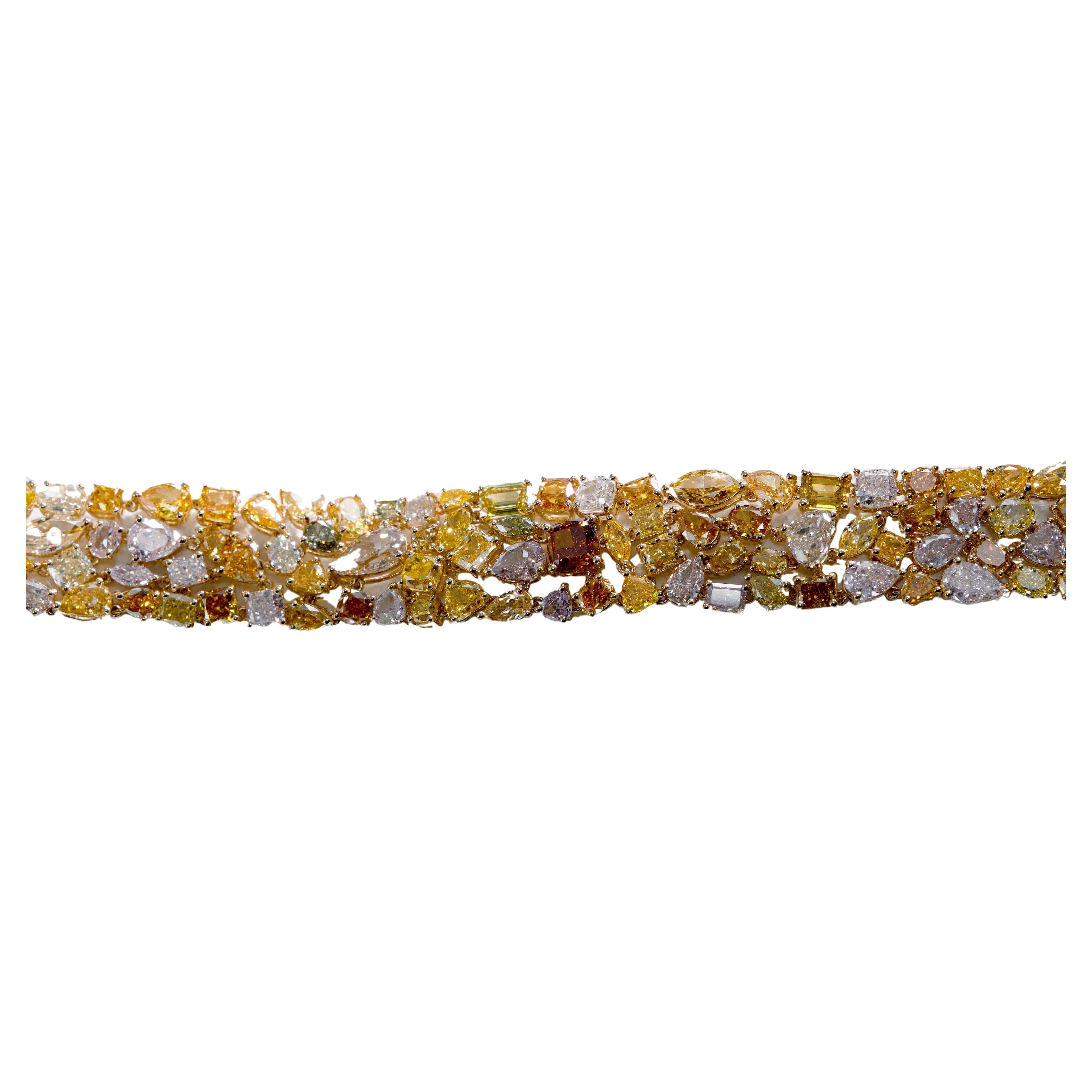 Natural Multi Fancy colour and Multi shaped diamond link bracelet in 18KT Gold