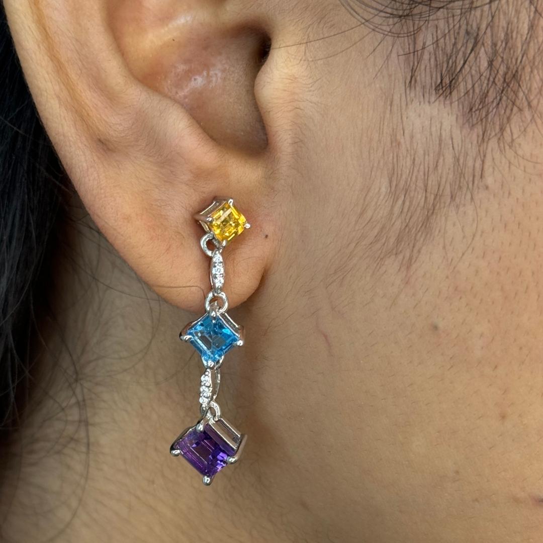 Square Cut Natural Multi Gemstone Dangle Earrings in 925 Sterling Silver Gift for Mother For Sale