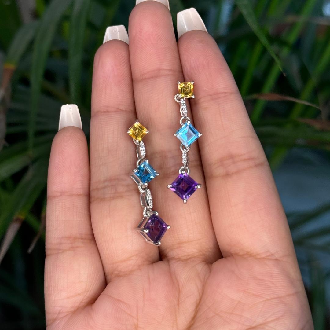 Women's Natural Multi Gemstone Dangle Earrings in 925 Sterling Silver Gift for Mother For Sale
