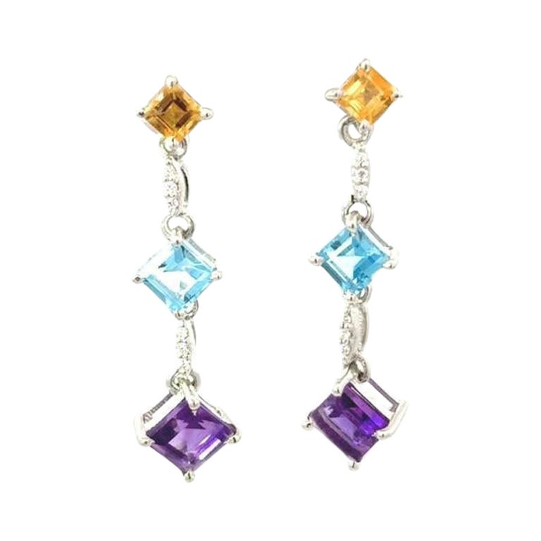 Natural Multi Gemstone Dangle Earrings in 925 Sterling Silver Gift for Mother For Sale