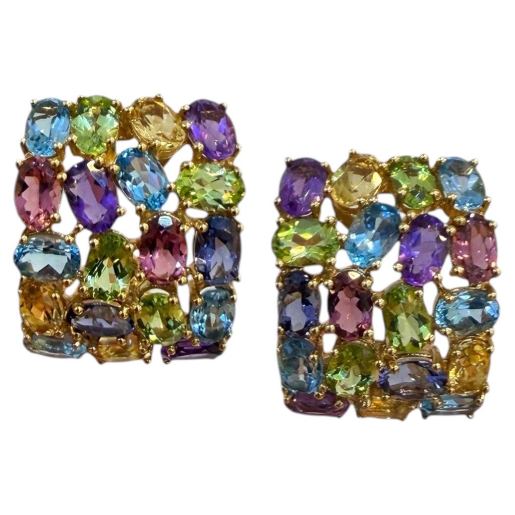 Natural Multi Gemstone Earrings 14K Gold Tanzanite Topaz Peridot Tourmaline